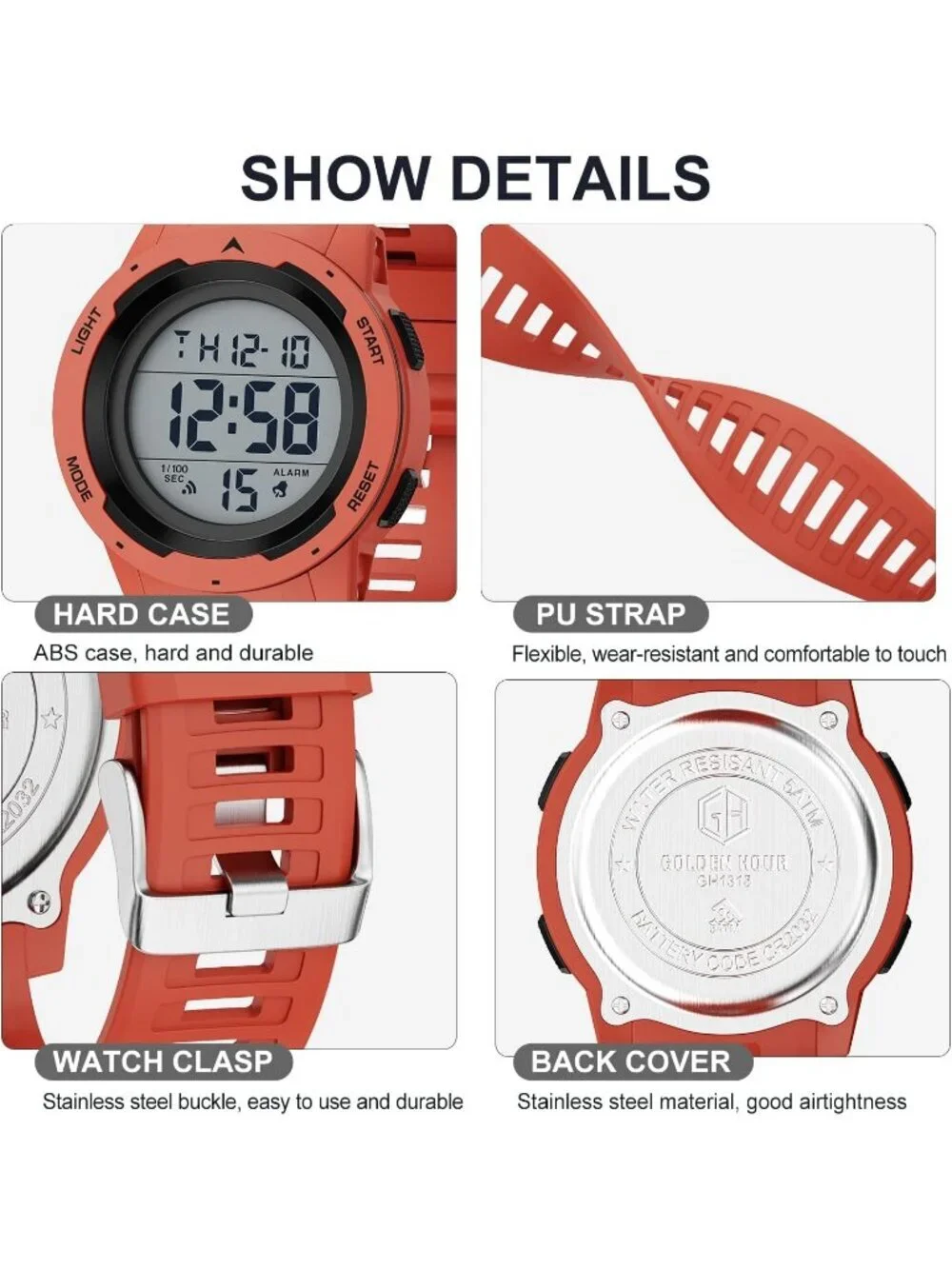 Men's All Red Analog Quartz Rubber Strap Military Waterproof LED Digital Watch